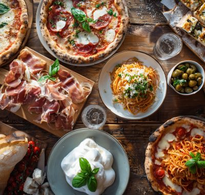 Tradycyjne włoskie dania: makaron, pizza, oliwki i świeże zio